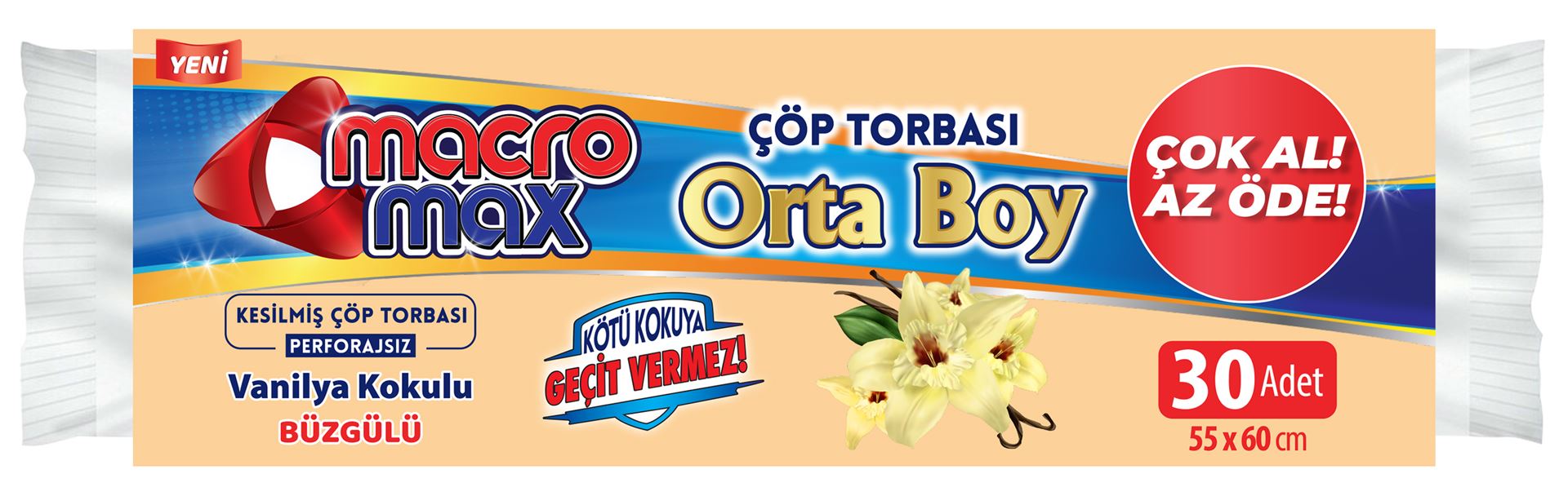 Macromax Büzgülü Orta Boy Çöp Torbası Vanilya 30Lu