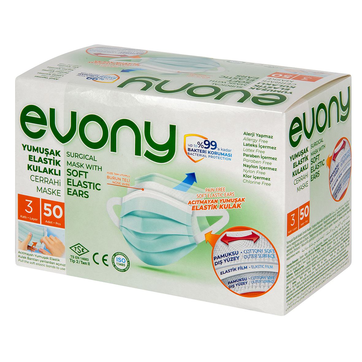 Evony 3 Katlı Cerrahi Maske 50Li